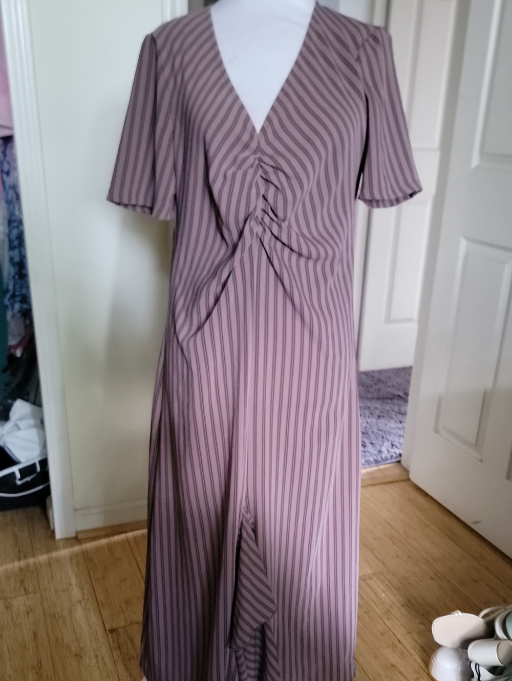 Zara Mauve and Black Striped Midi Dress with Front Ruched Detail